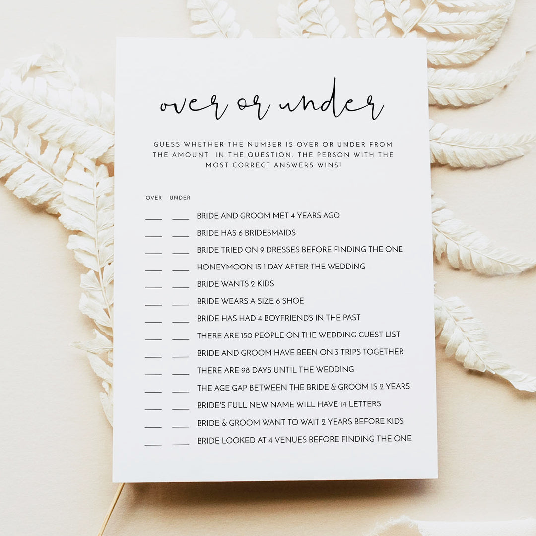 ADELLA Over or Under Bridal Shower Game