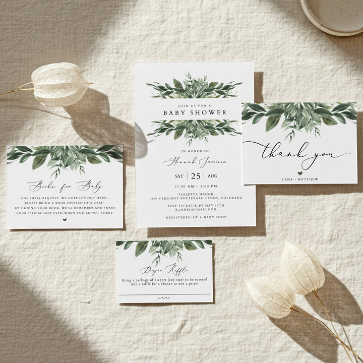 LANA Sage Green Rustic Greenery Baby Shower Invitation Bundle