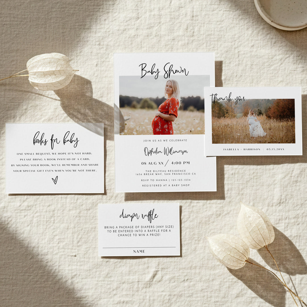 WILLOW Black and White Gender Neutral Baby Shower Invitation Suite