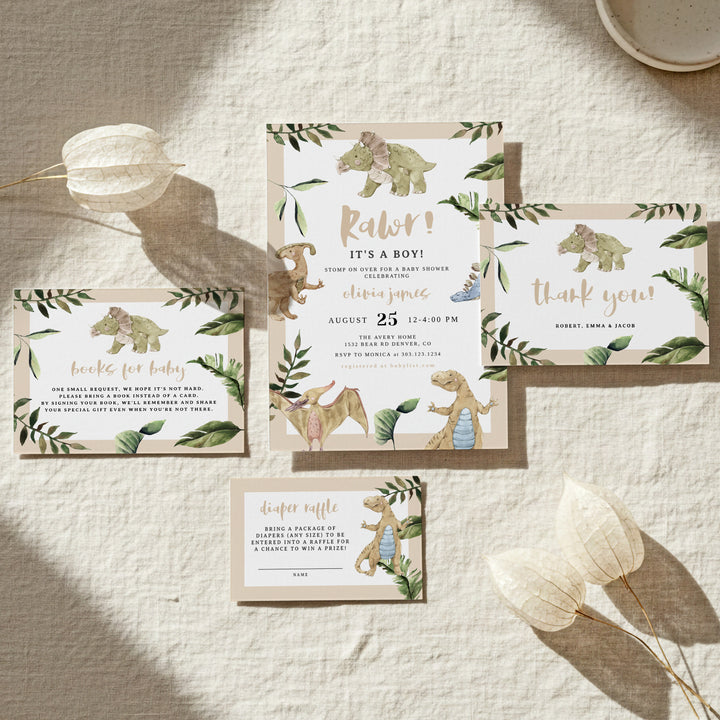SPIKE Cute Watercolor Dinosaur Baby Shower Invitation Bundle