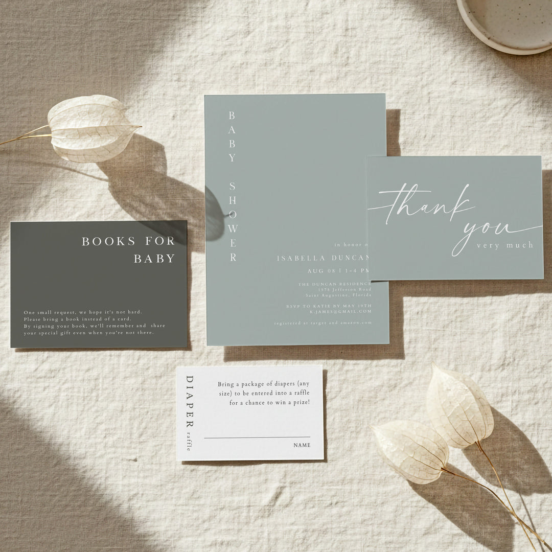 NINA Modern Sage Green Boho Baby Shower Invitation Suite