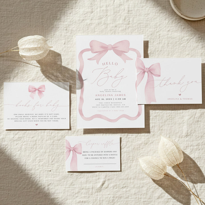 ANGELINA Hello Baby Pink Coquette Bow Baby Shower Invitation Suite
