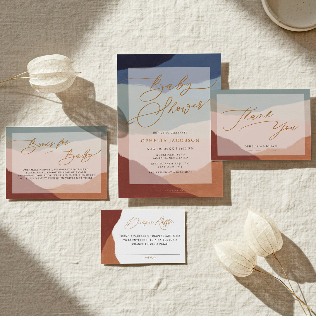 OPHELIA Gender Neutral Bohemian Desert Baby Shower Invitation Suite