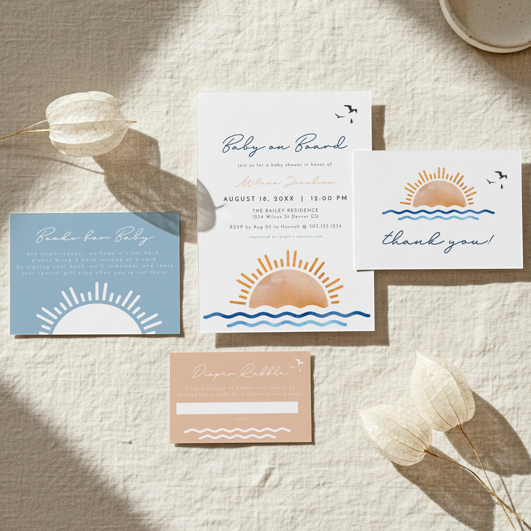 OCEANSIDE Baby on Board Baby Shower Invitation Bundle with Photo