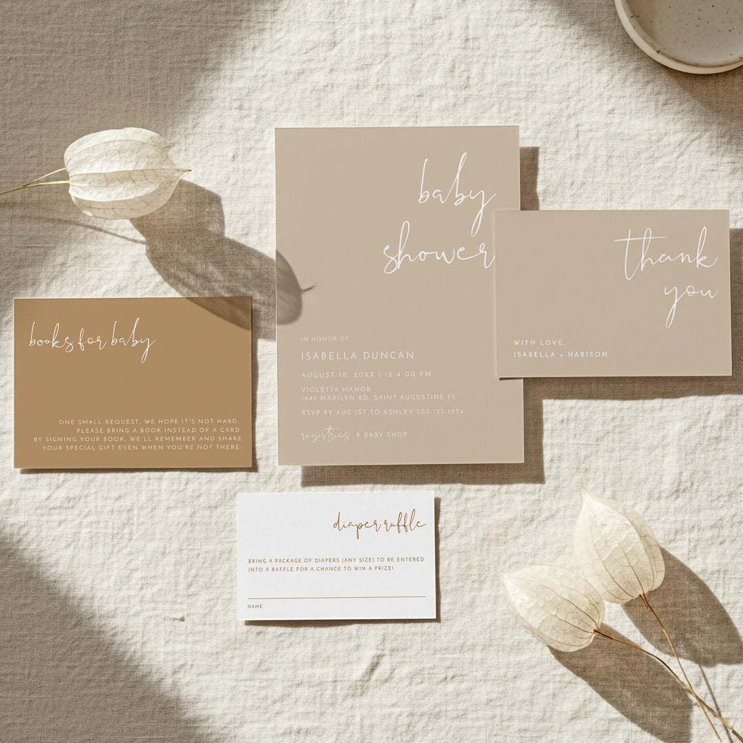 INDIE Beige Gender Neutral Baby Shower Invitation Suite