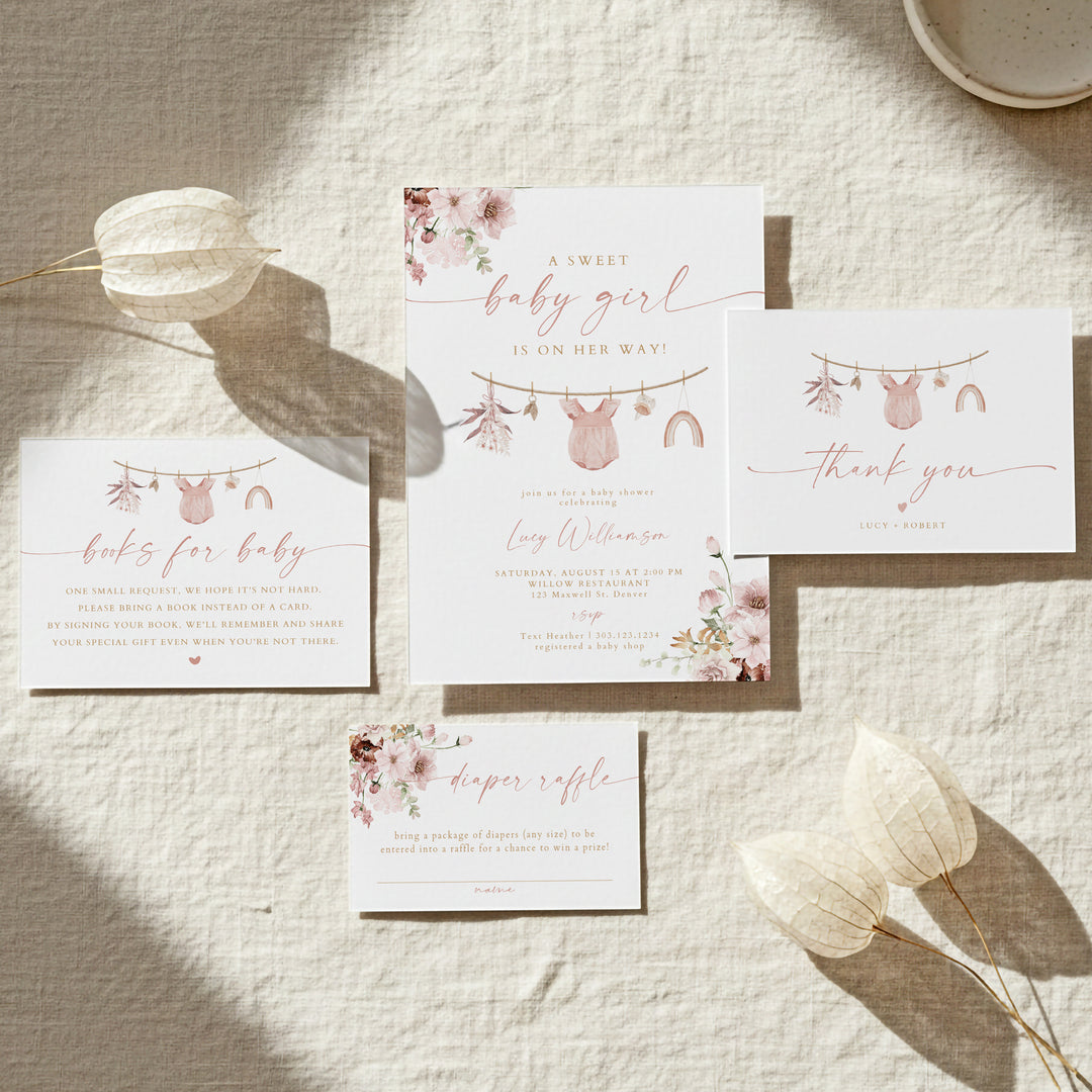 LUCY Sweet Baby Girl Boho Floral Baby Shower Invitation Suite