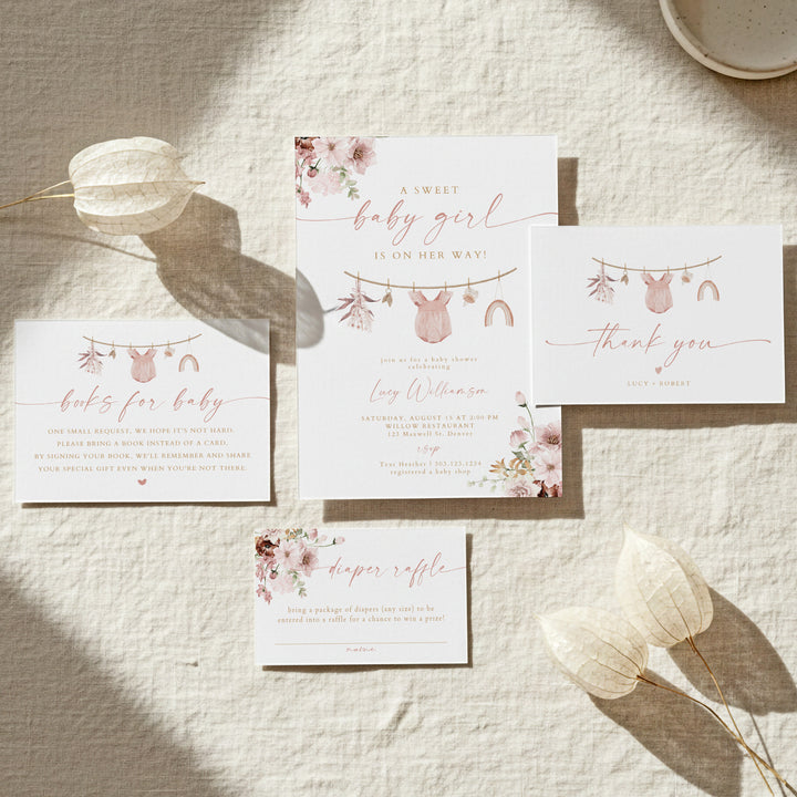 LUCY Sweet Baby Girl Boho Floral Baby Shower Invitation Suite
