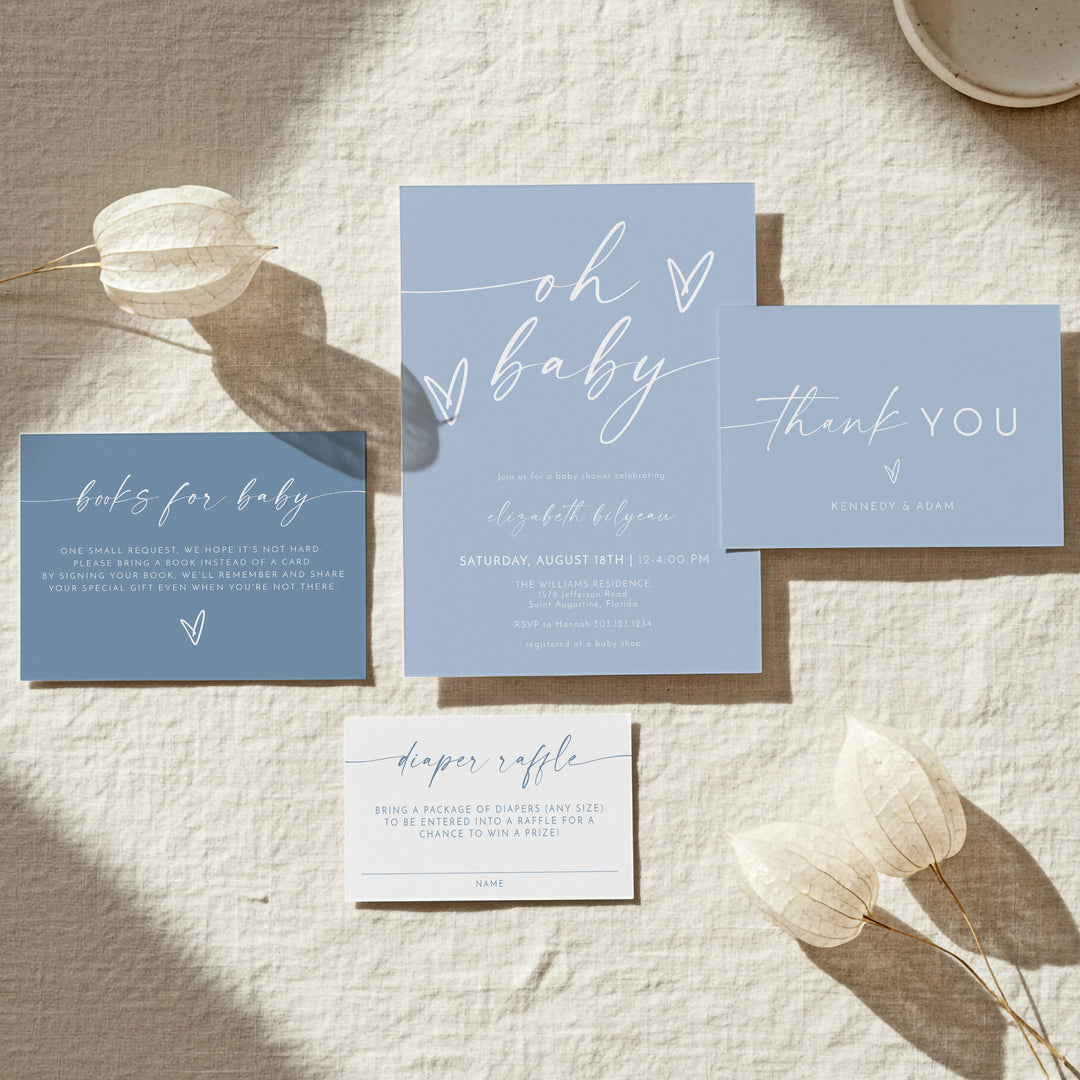 KENNEDY Dusty Blue Oh Baby Boy Baby Shower Invitation Bundle