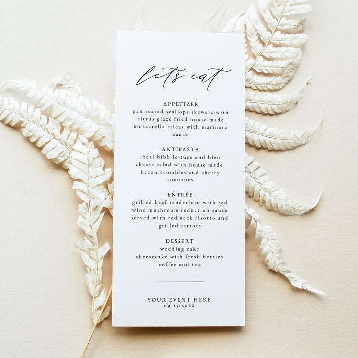 MARAH Elegant Script Black and White Let's Eat Menu Cards