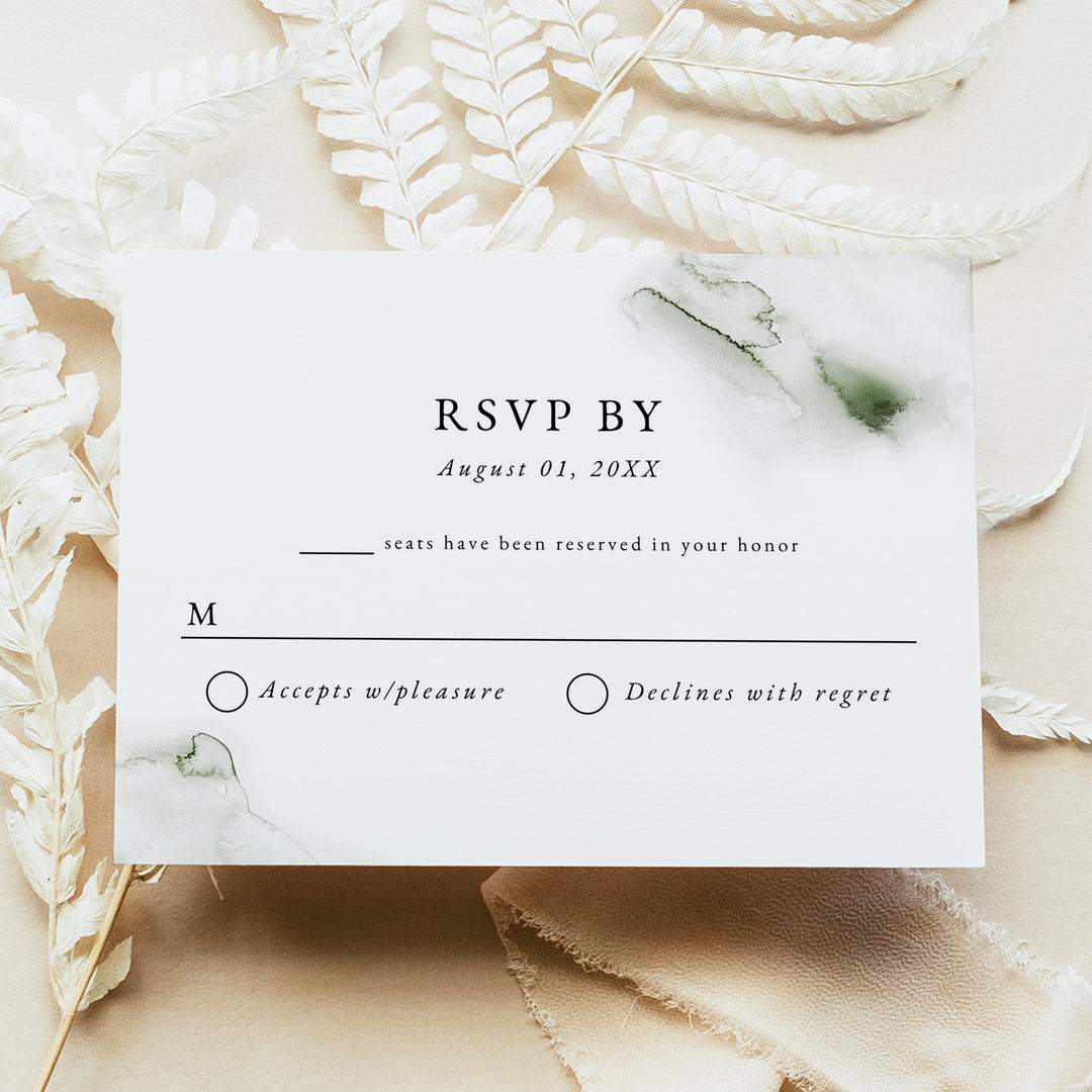 MONA Tropical Green Watercolor Beach Wedding RSVP Card Printed or Instant Download