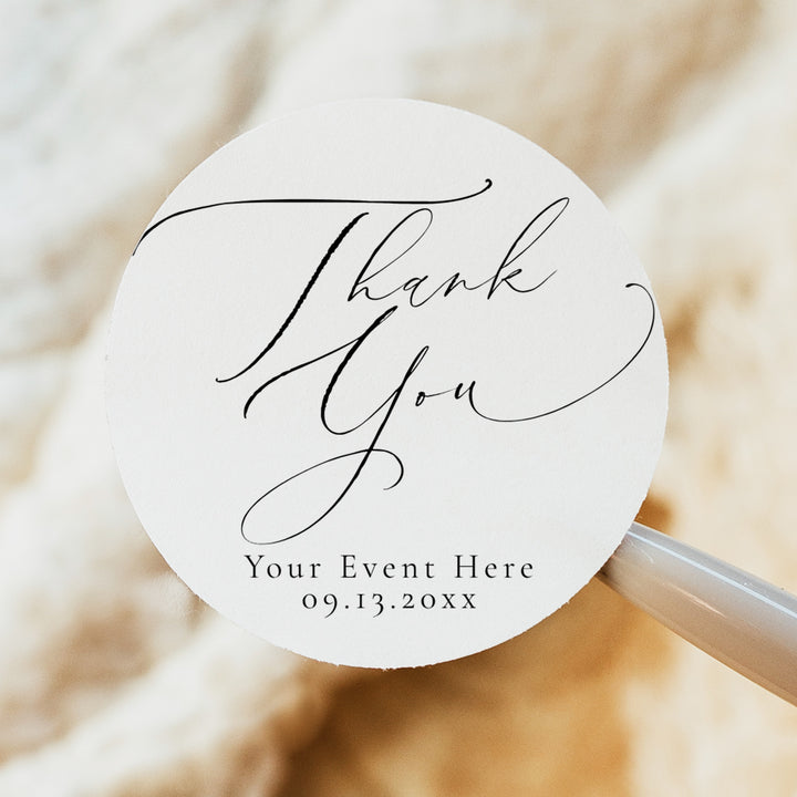 VALENTINA Round Script Black and White Thank You Stickers