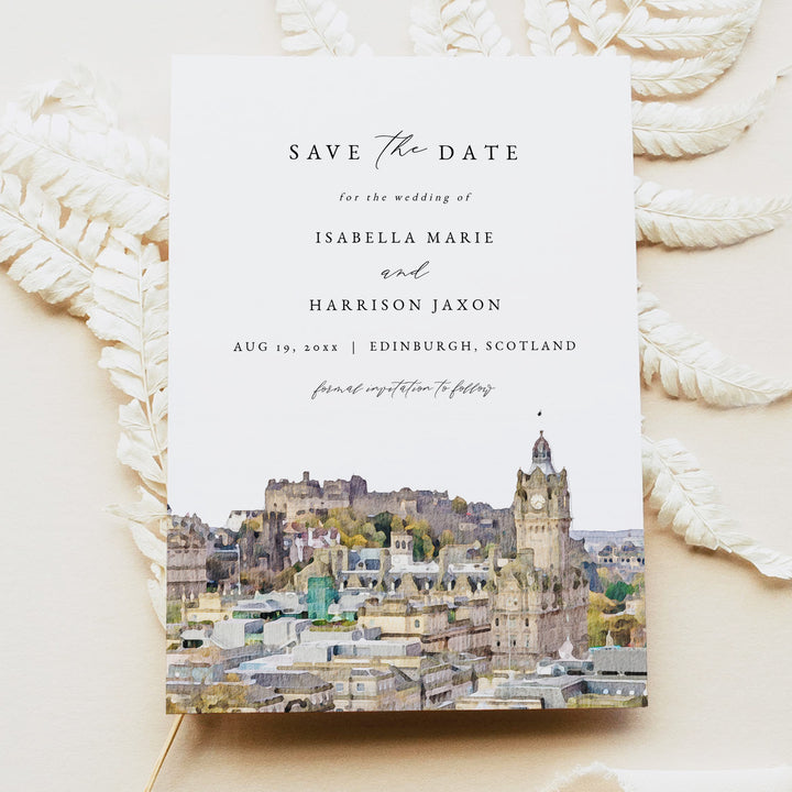 EDINBURGH Scotland Skyline Watercolor Save the Dates with Photo