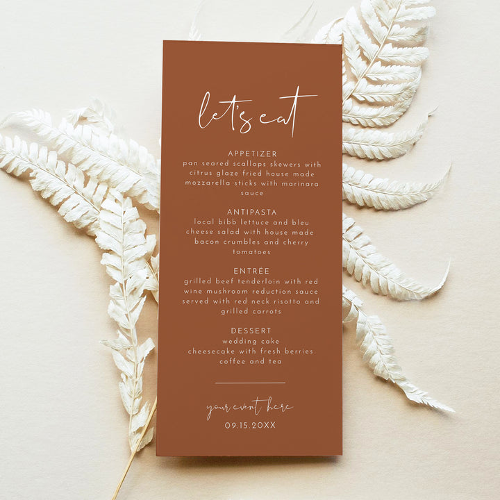 CORIANDER Burnt Orange Desert Wedding Dinner Menu Cards