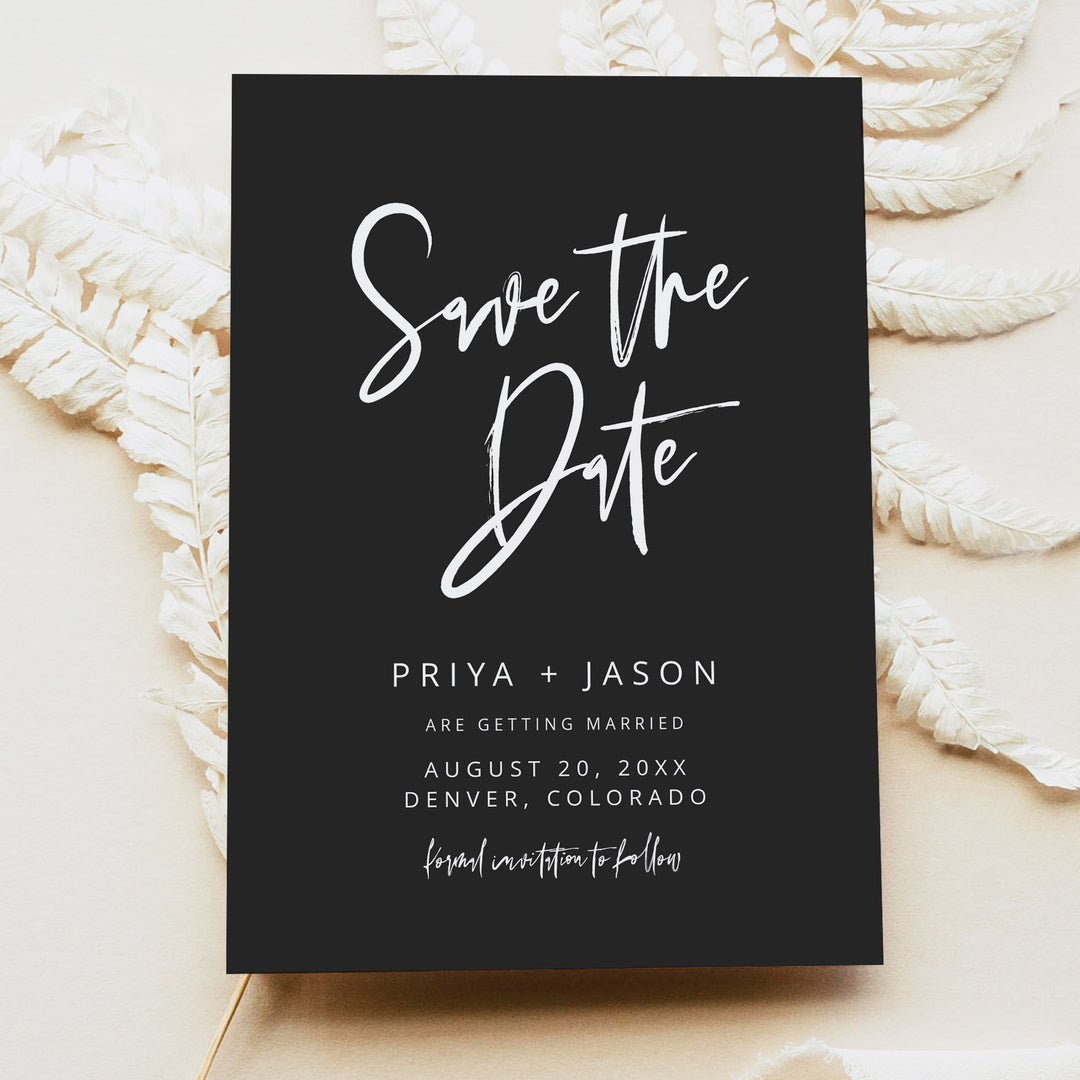 PRIYA Modern Black and White Wedding Save the Dates with Photo