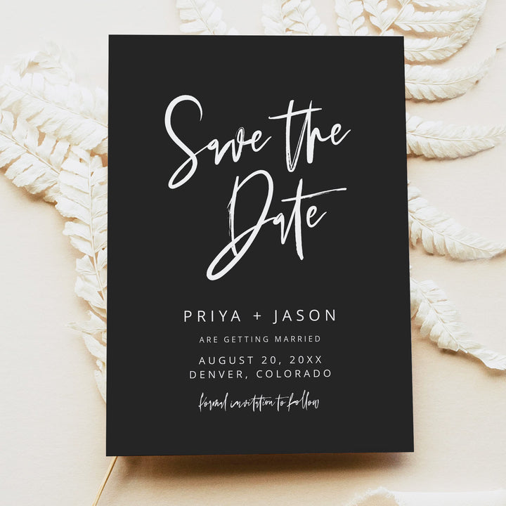 PRIYA Modern Black and White Wedding Save the Dates with Photo