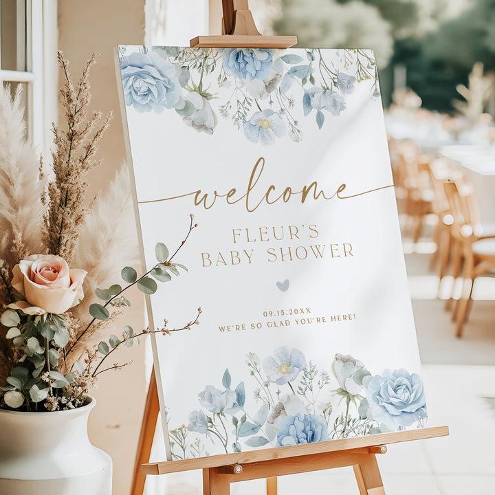 FLEUR Dusty Blue Boho Floral Baby Shower Welcome Sign