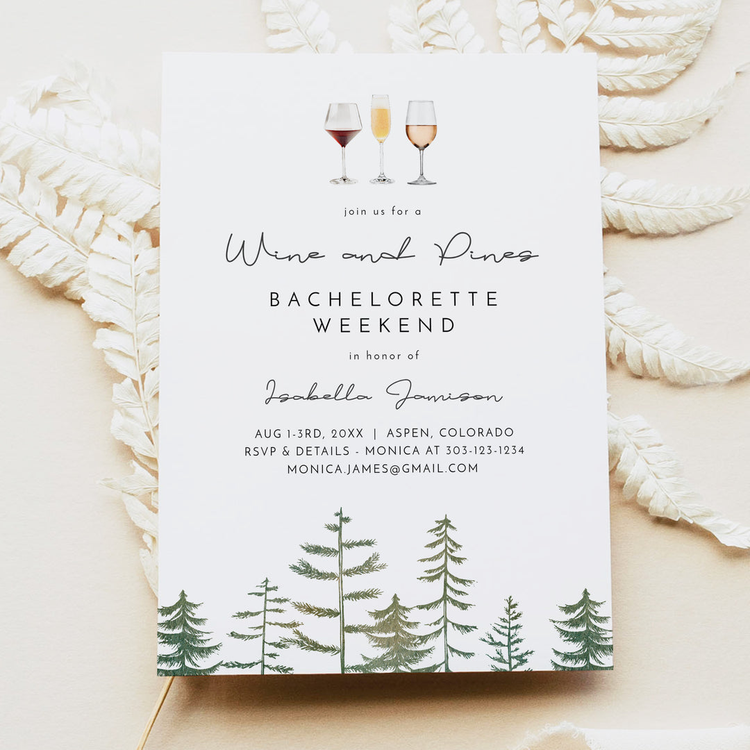 TIMBER Wine and Pines Camping Bachelorette Invitation & Itinerary