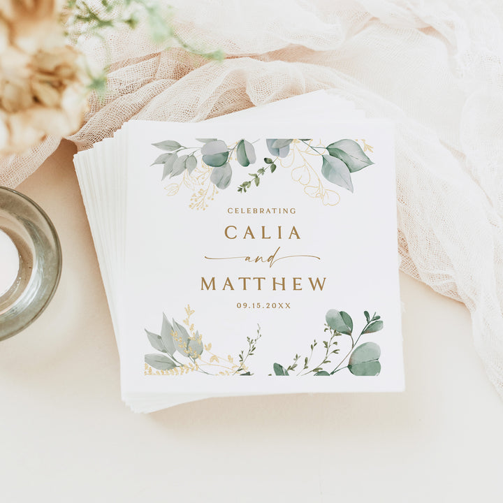 CALIA Sage Green and Gold Eucalyptus Wedding Napkins