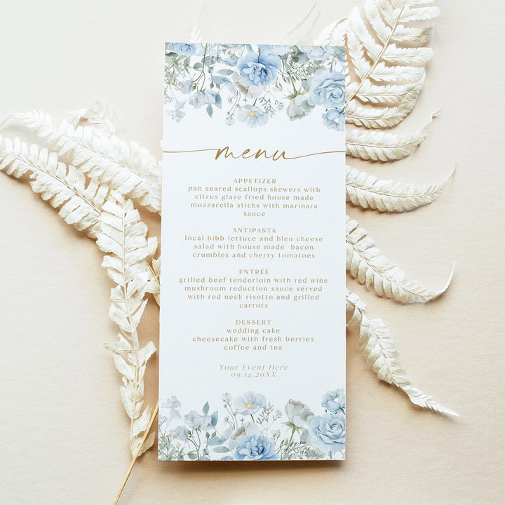 FLEUR Elegant Dusty Blue Floral Menu Cards