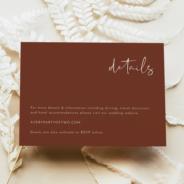 CORIANDER Simple Burnt Orange Desert Wedding Details Card