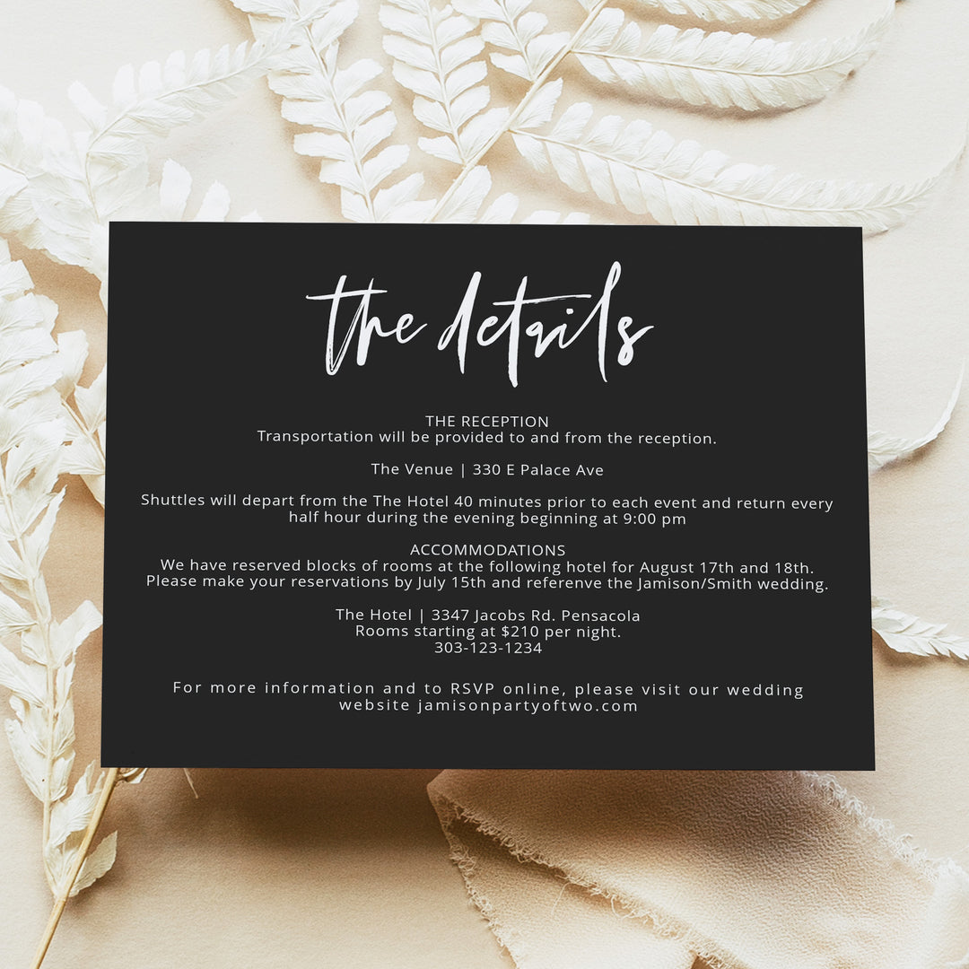 PRIYA Simple Black and White Wedding Details Card