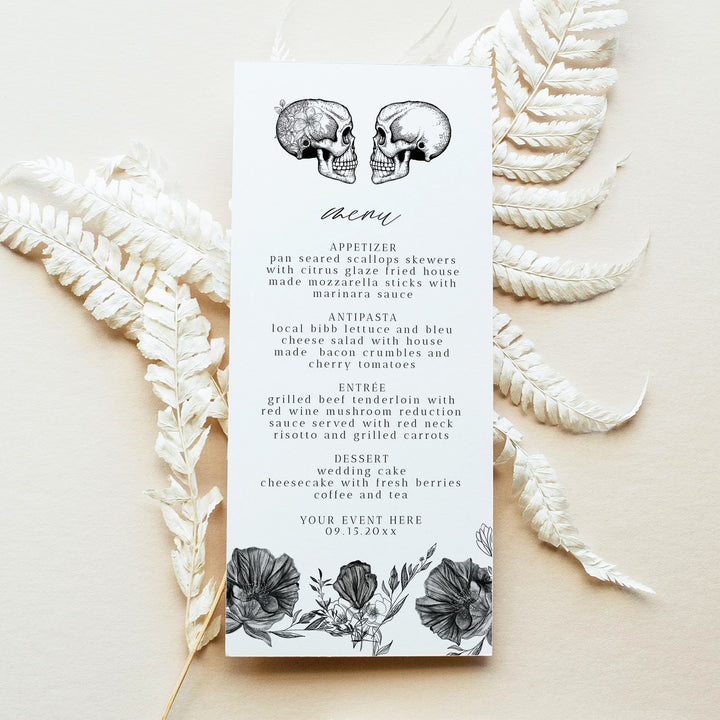 NOVA Dark Romance Skull Menu Cards for October Wedding