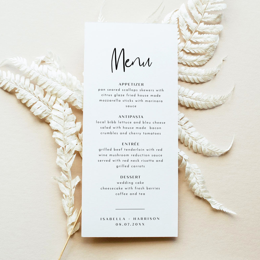 WILLOW Elegant Menu Cards for Romantic Wedding or Engagement Party