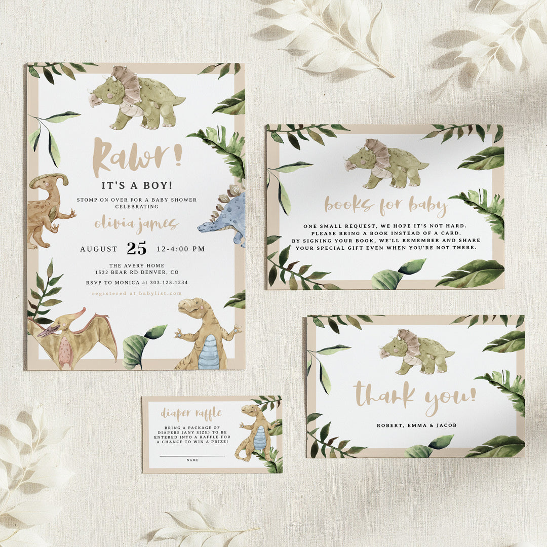 SPIKE Cute Watercolor Dinosaur Baby Shower Invitation Bundle