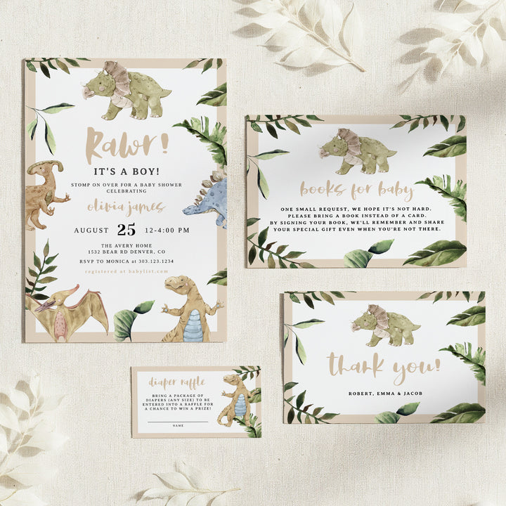 SPIKE Cute Watercolor Dinosaur Baby Shower Invitation Bundle