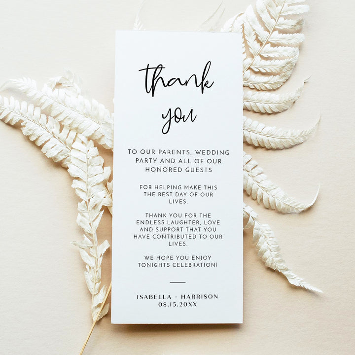 WILLOW Simple Black and White Boho Wedding Table Thank You Cards