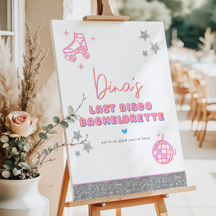 DINA Hot Pink & Glitter Last Disco Bachelorette Welcome Sign