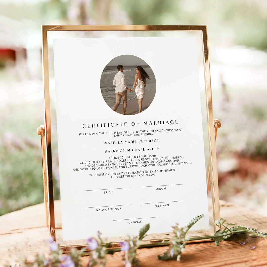 WILLOW Simple Marriage Handfasting Certificate with Photo - Unframed