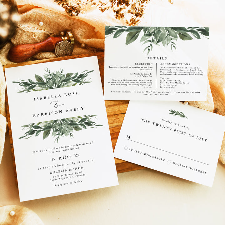 LANA Elegant Sage Green Garden Wedding Invitation Suite with Photo