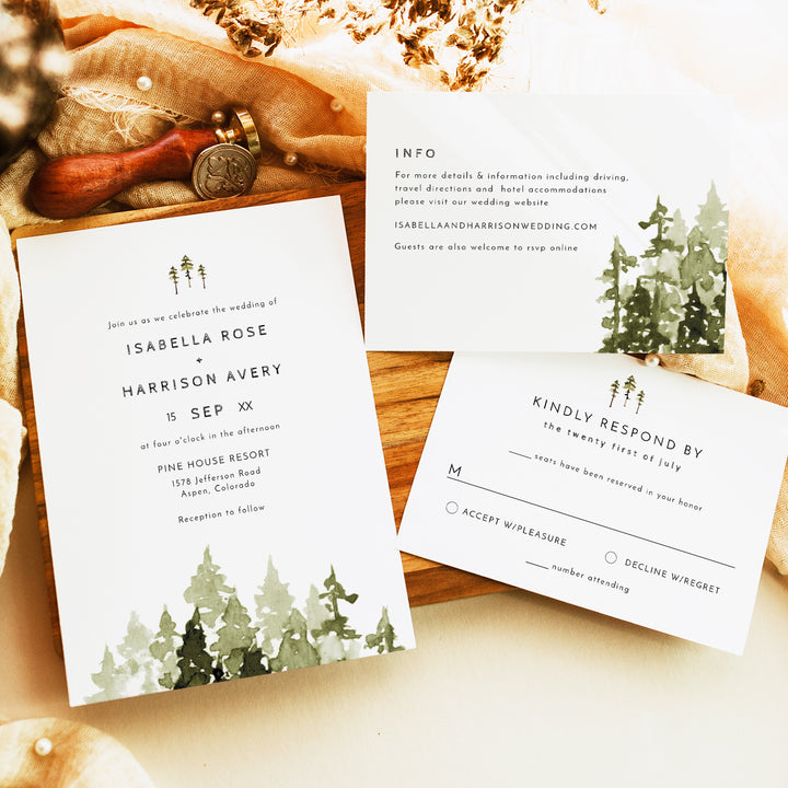 JENNA Rustic Forest Green Wedding Invitation Suite with Photo