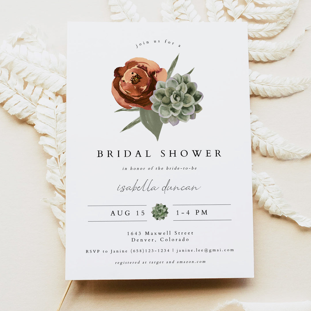AVA Desert Succulent and Floral Bohemian Bridal Shower Invitation