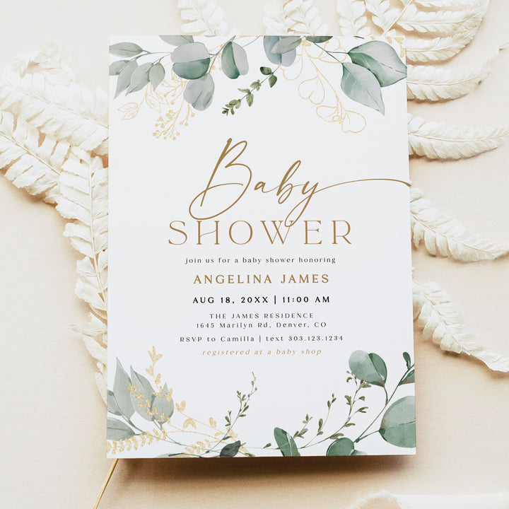 CALIA Elegant Greenery and Gold Baby Shower Invitation