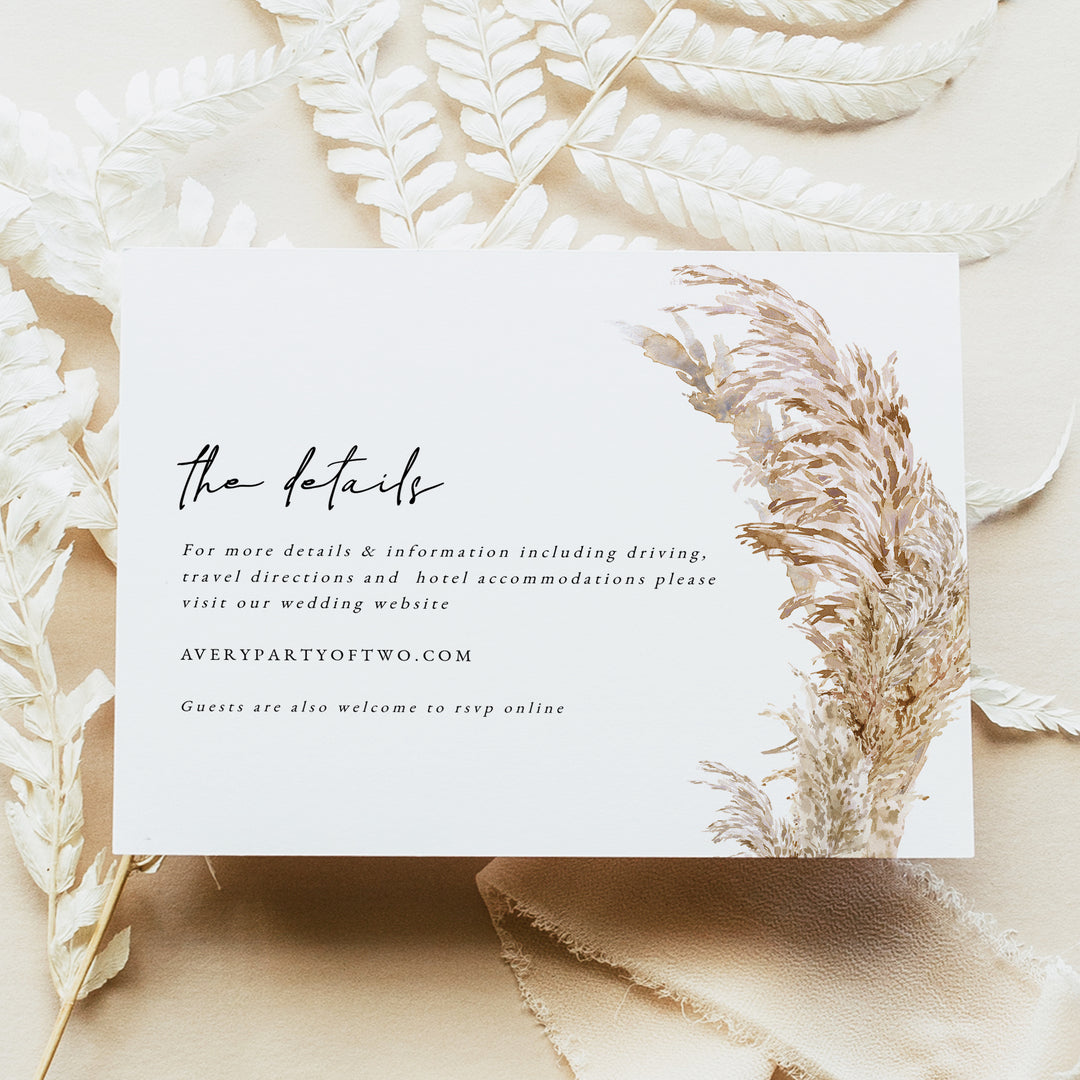 CIERA Elegant Pampas Grass Wedding Details Insert Card