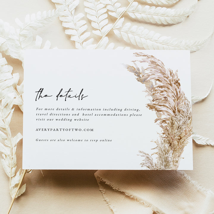 CIERA Elegant Pampas Grass Wedding Details Insert Card