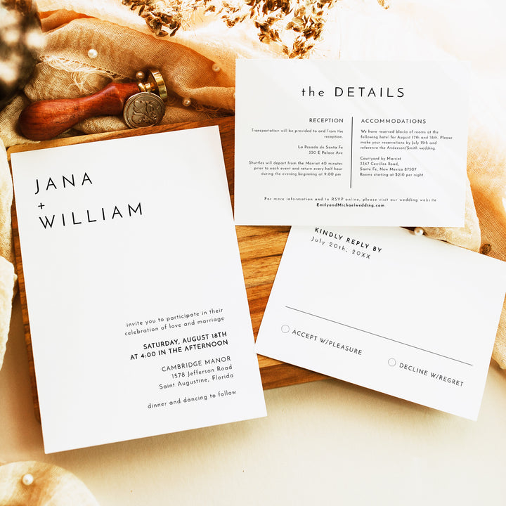 KENNEDY Modern Black and White Wedding Invite Suite with Photo
