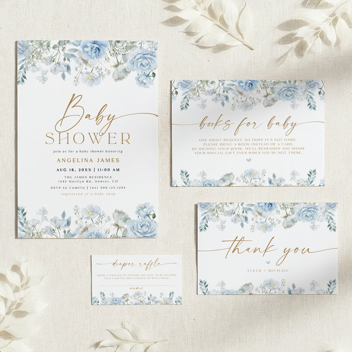 FLEUR Dusty Blue Floral Baby Shower Invitation Suite