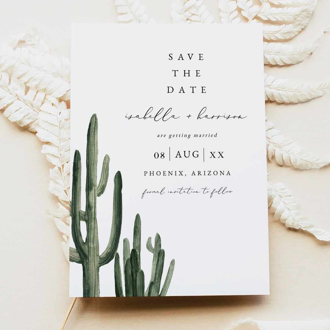 ELEANOR Green Cactus Boho Wedding Save the Date Cards with Photo