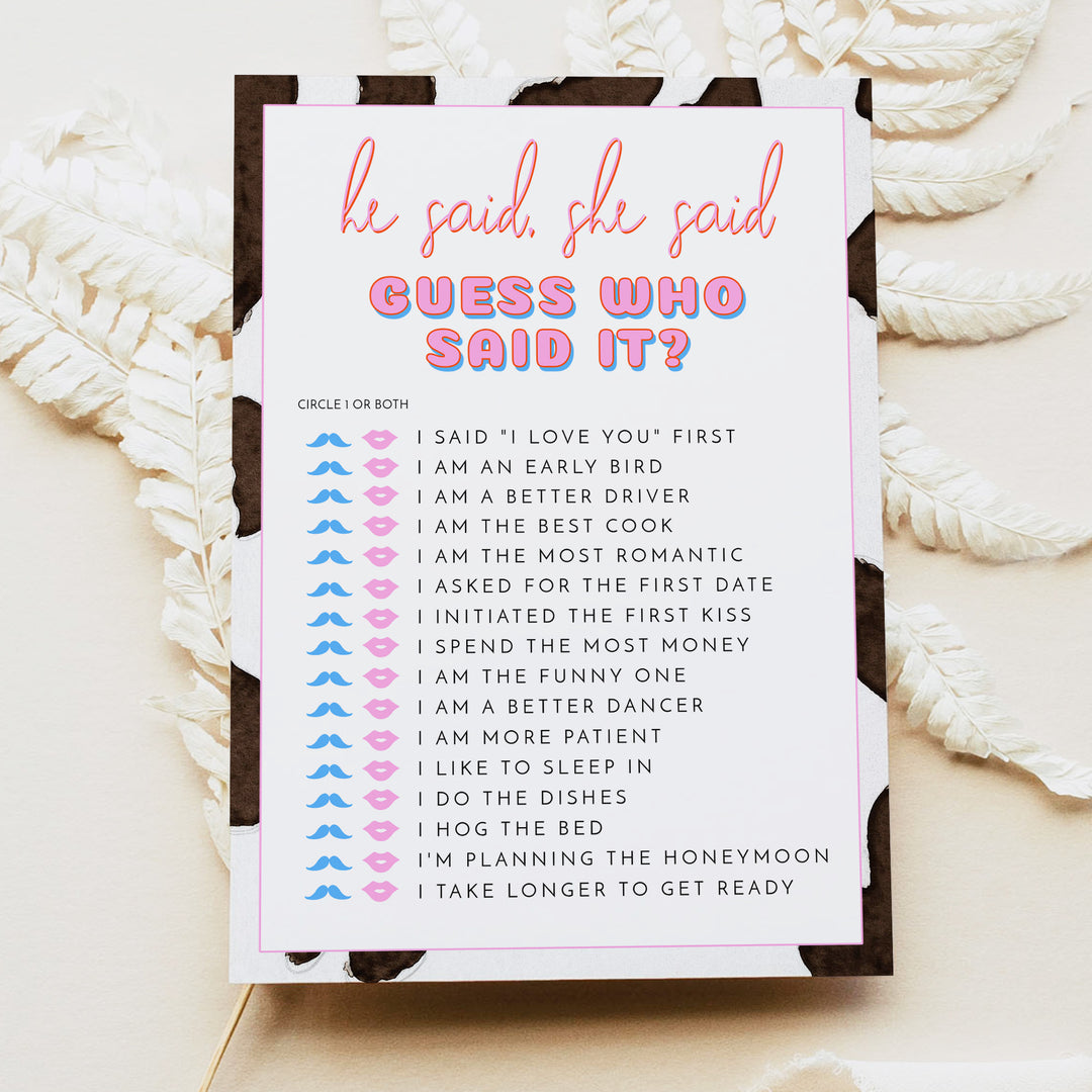 DINA He Said She Said Western Bridal Shower Game Cards