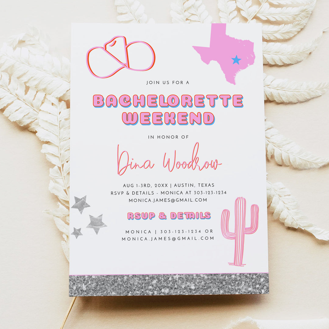 DINA Pink Disco Cowgirl Texas Bachelorette Invitation & Itinerary