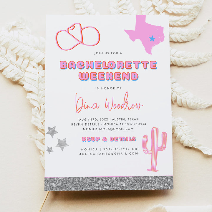 DINA Pink Disco Cowgirl Texas Bachelorette Invitation & Itinerary