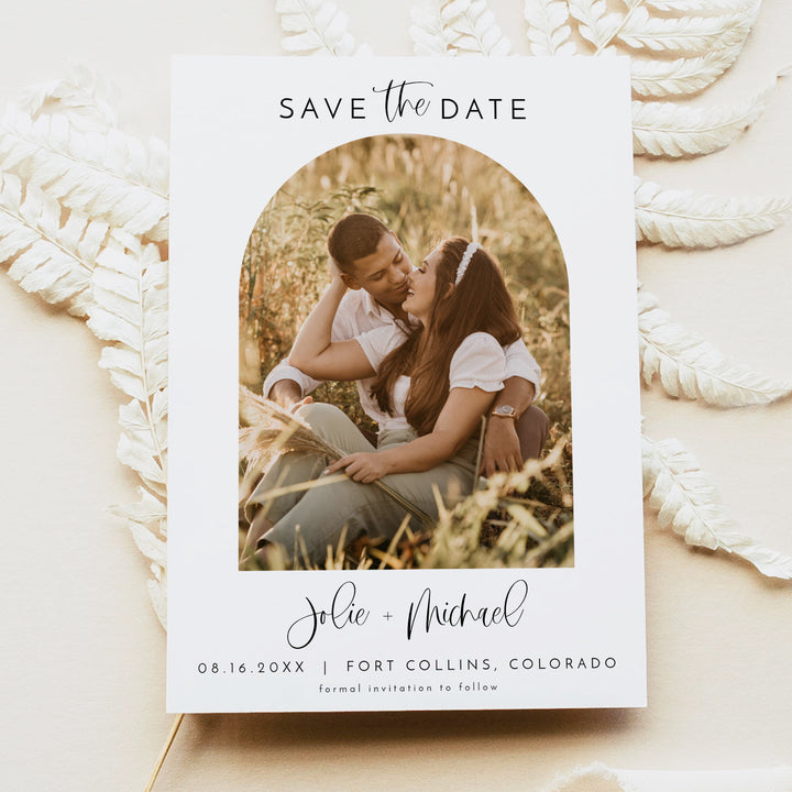 JOLIE Modern Boho Wedding Save the Date Cards with Arched Photo