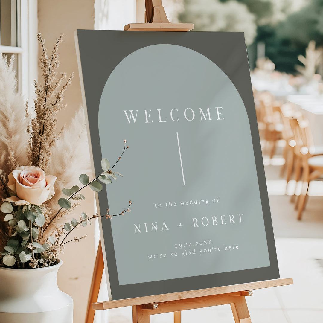 NINA Olive Green Elegant Boho Arch Wedding Sign