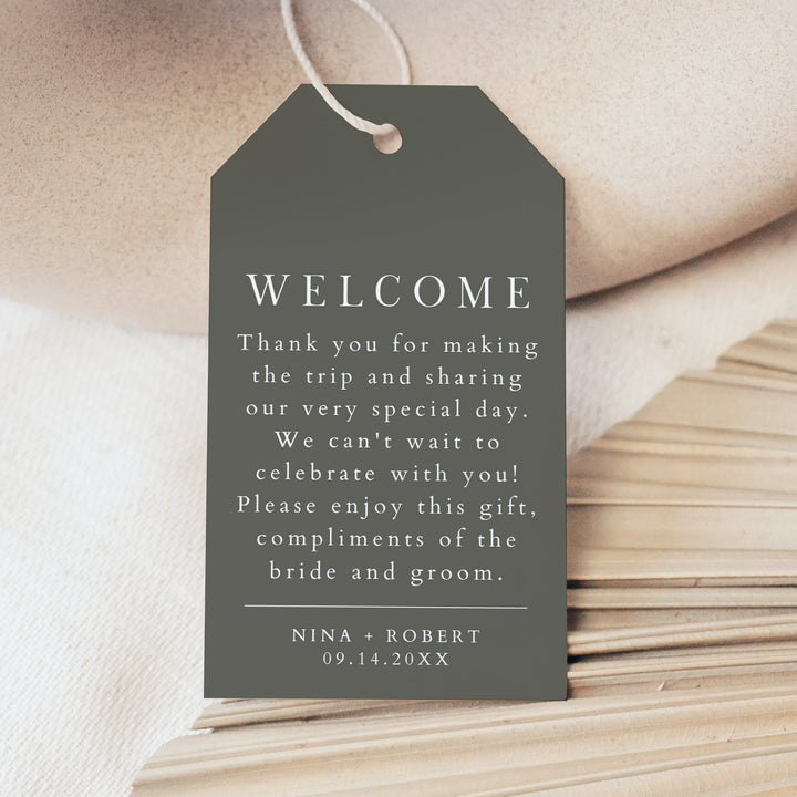 NINA Dark Green Rustic Boho Wedding Welcome Bag Tag
