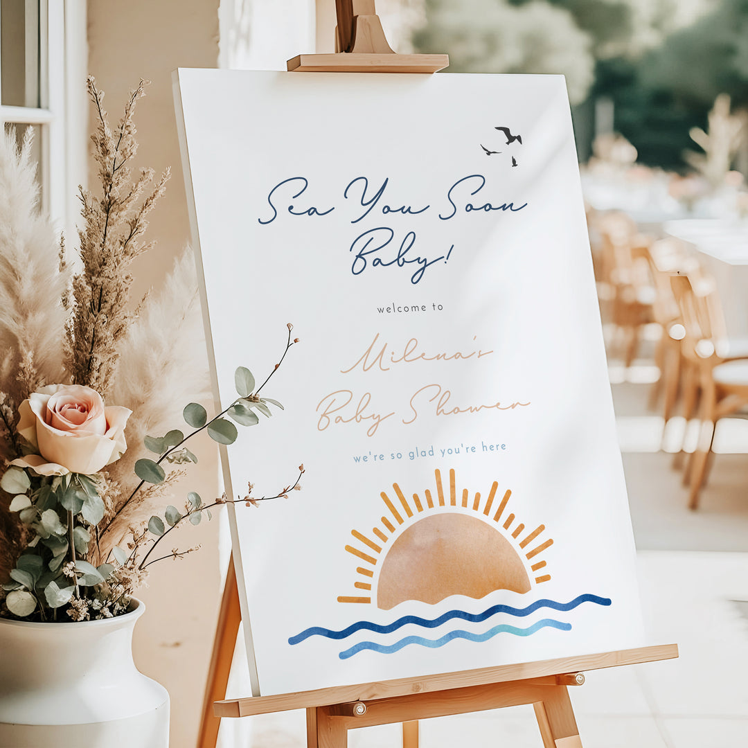 OCEANSIDE Tropical Beach Sea You Soon Baby on Board Baby Shower Welcome Sign