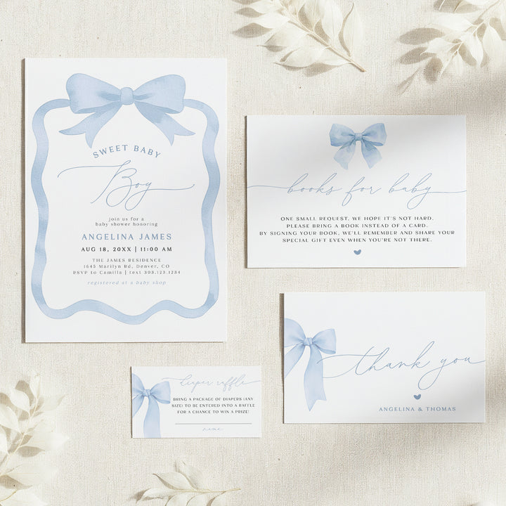 ANGELINA Dusty Blue Bow Baby Boy Shower Invitation Bundle