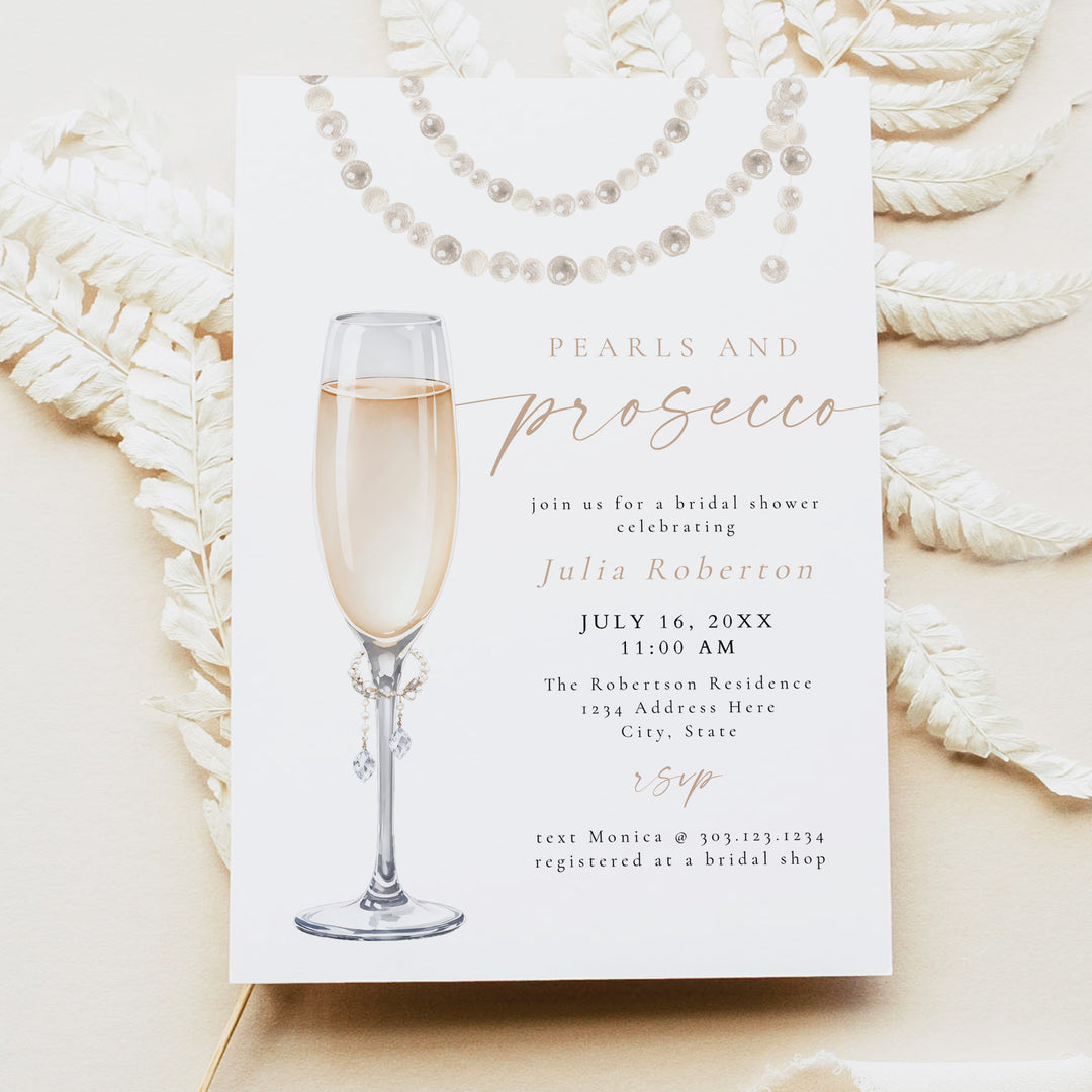 JULIA Pearls and Prosecco Elegant Champagne Bridal Shower Invitation